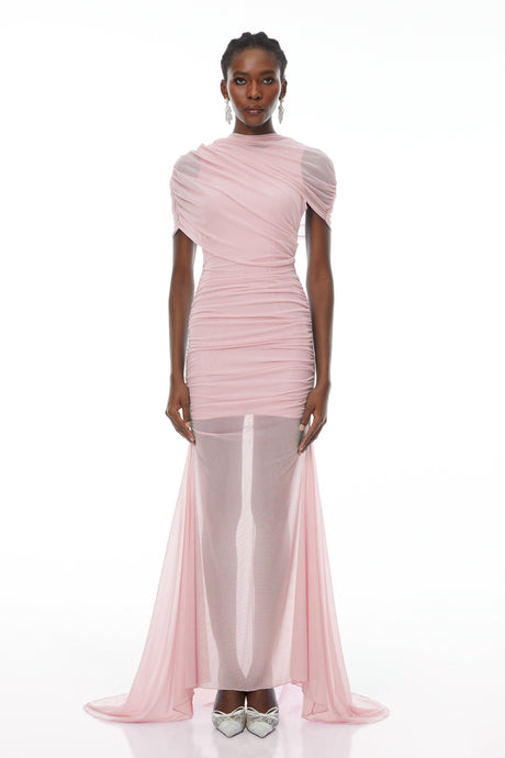 Aurohaya Sylphe Pink Asymmetrical Ruched Mesh Maxi Dress