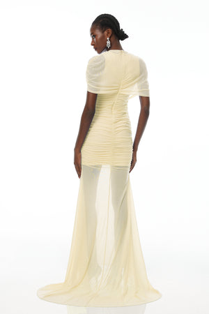 Aurohaya Sylphe Yellow Asymmetrical Ruched Mesh Maxi Dress