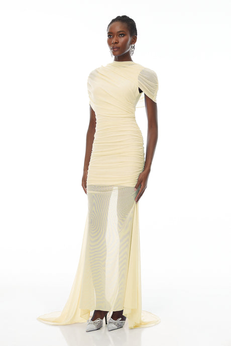 Aurohaya Sylphe Yellow Asymmetrical Ruched Mesh Maxi Dress