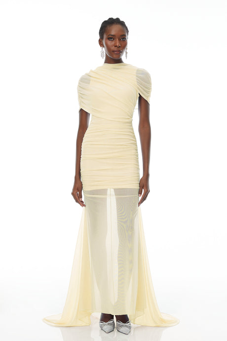 Aurohaya Sylphe Yellow Asymmetrical Ruched Mesh Maxi Dress