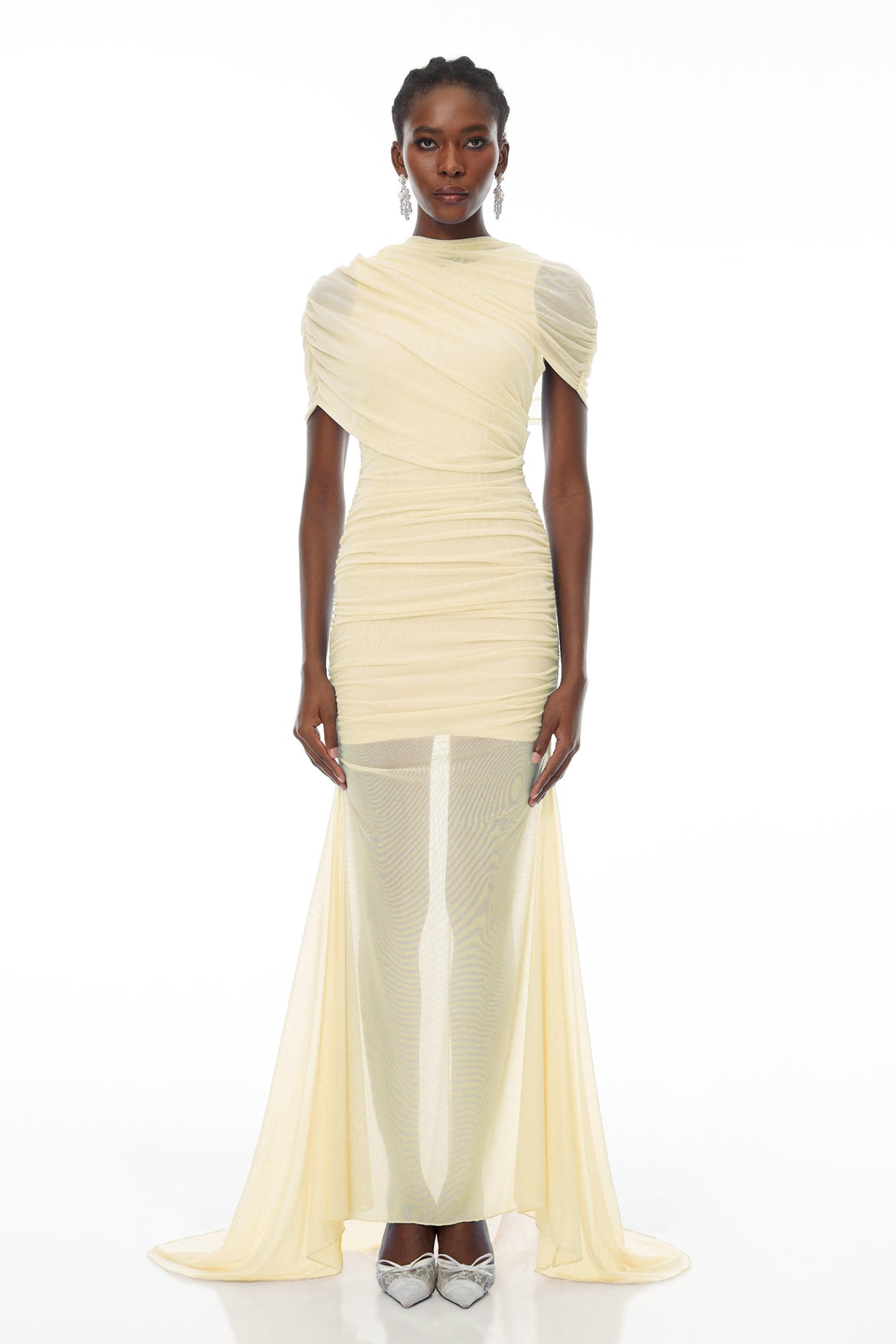Aurohaya Sylphe Yellow Asymmetrical Ruched Mesh Maxi Dress