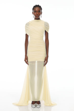 Aurohaya Sylphe Yellow Asymmetrical Ruched Mesh Maxi Dress