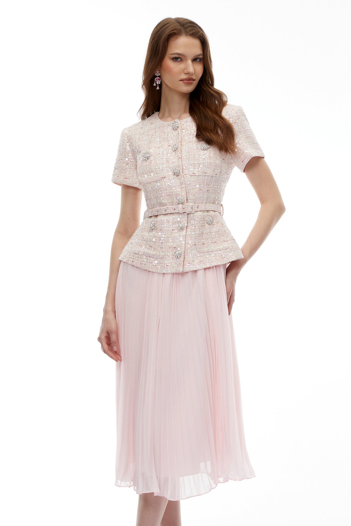 Aurohaya Tahmineh Pink Tweed Pleated Midi Dress