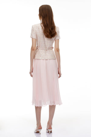 Aurohaya Tahmineh Pink Tweed Pleated Midi Dress