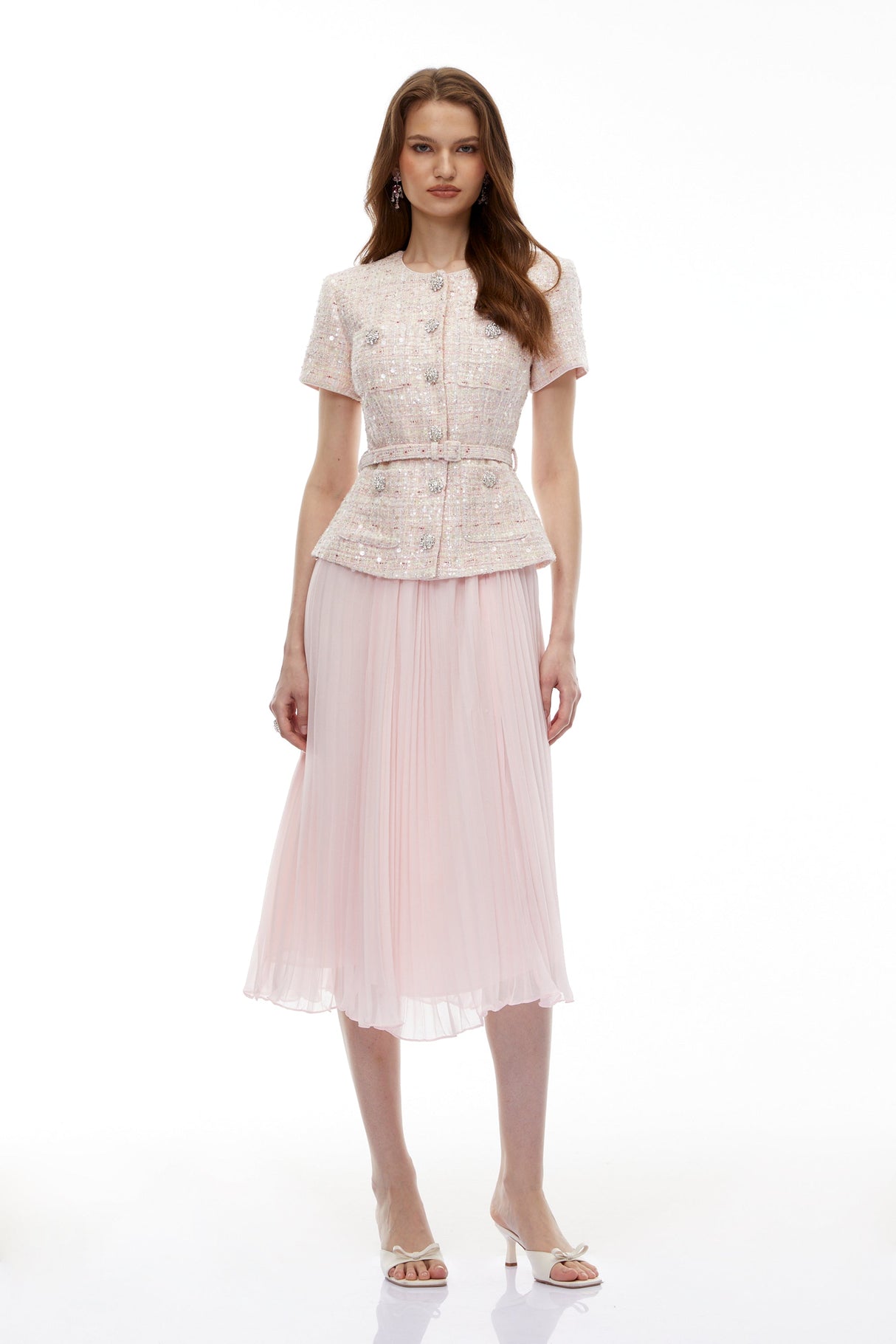 Aurohaya Tahmineh Pink Tweed Pleated Midi Dress