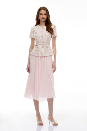 Aurohaya Tahmineh Pink Tweed Pleated Midi Dress