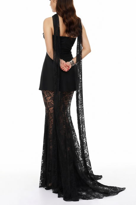 Aurohaya Taisiya Black Bow Mini Dress & Lace Skirt Set