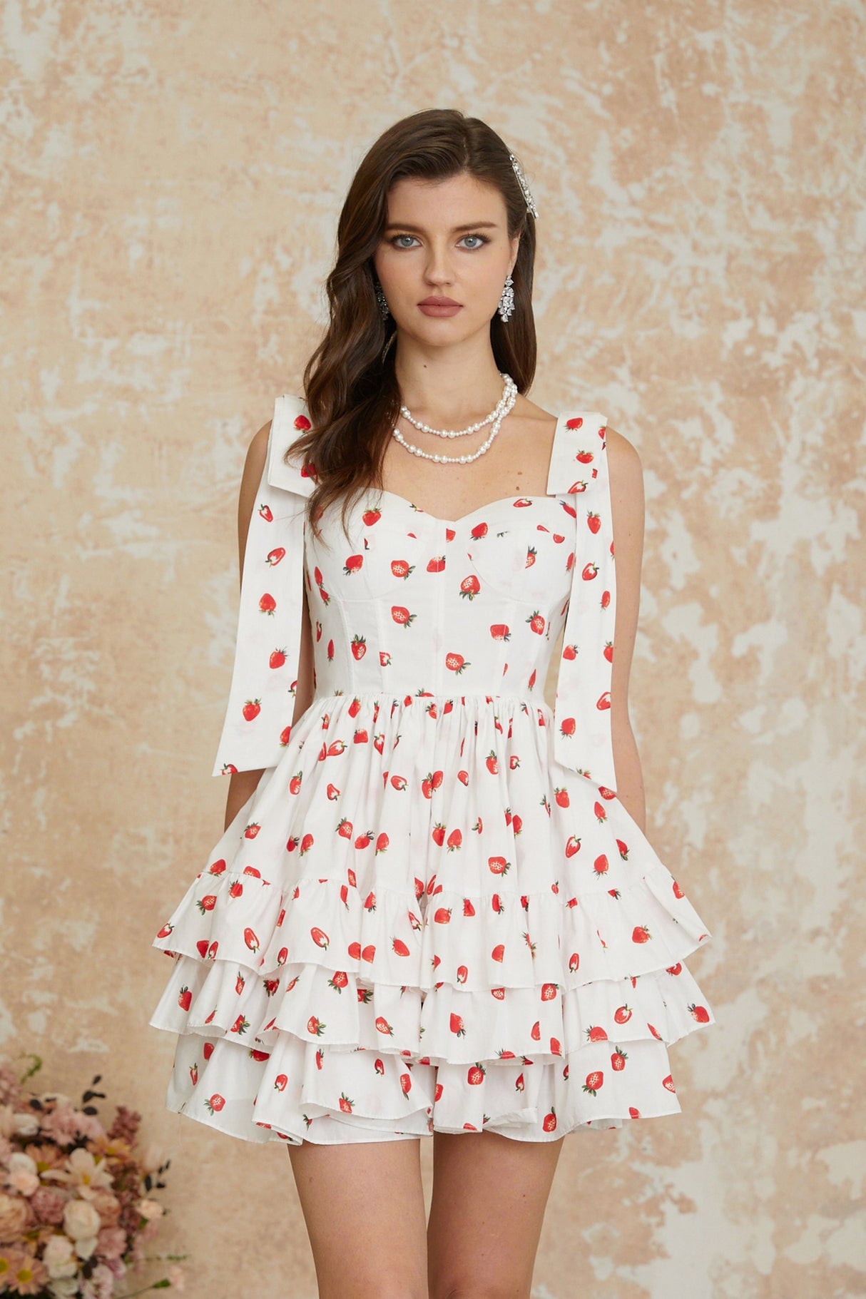 Aurohaya Tamara White Strawberry Print Tiered Mini Dress