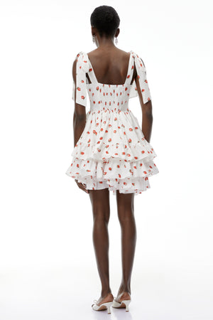 Aurohaya Tamara White Strawberry Print Tiered Mini Dress