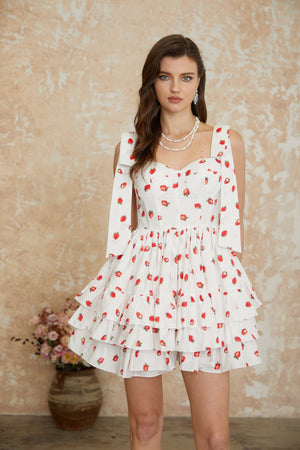 Aurohaya Tamara White Strawberry Print Tiered Mini Dress