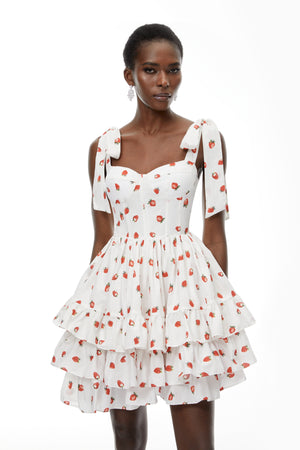 Aurohaya Tamara White Strawberry Print Tiered Mini Dress