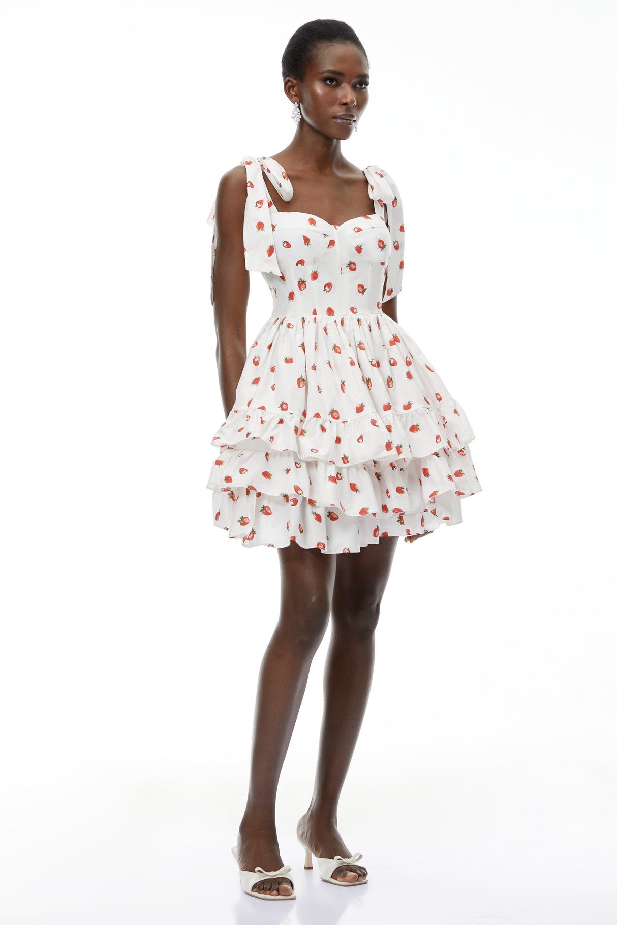 Aurohaya Tamara White Strawberry Print Tiered Mini Dress