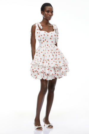 Aurohaya Tamara White Strawberry Print Tiered Mini Dress