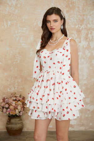 Aurohaya Tamara White Strawberry Print Tiered Mini Dress