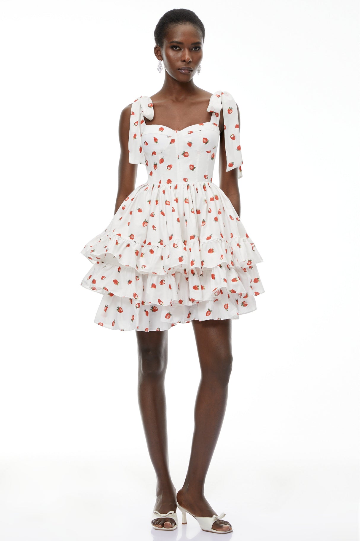 Aurohaya Tamara White Strawberry Print Tiered Mini Dress