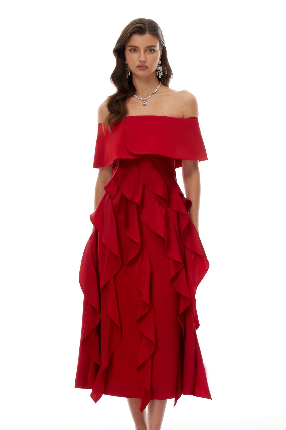 Aurohaya Tarjei Red Off-Shoulder Ruffled Midi Dress