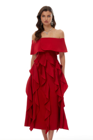 Aurohaya Tarjei Red Off-Shoulder Ruffled Midi Dress
