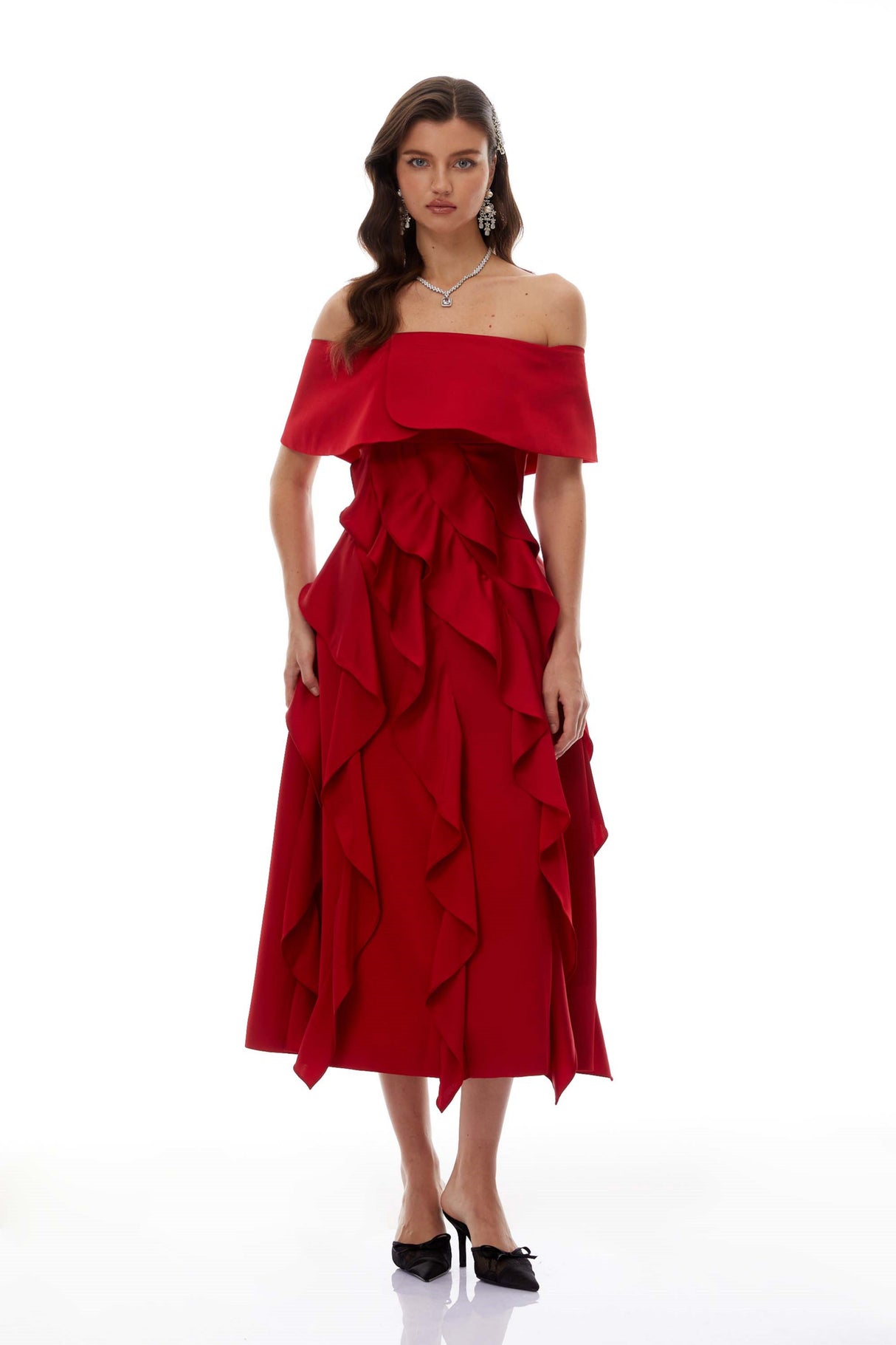 Aurohaya Tarjei Red Off-Shoulder Ruffled Midi Dress