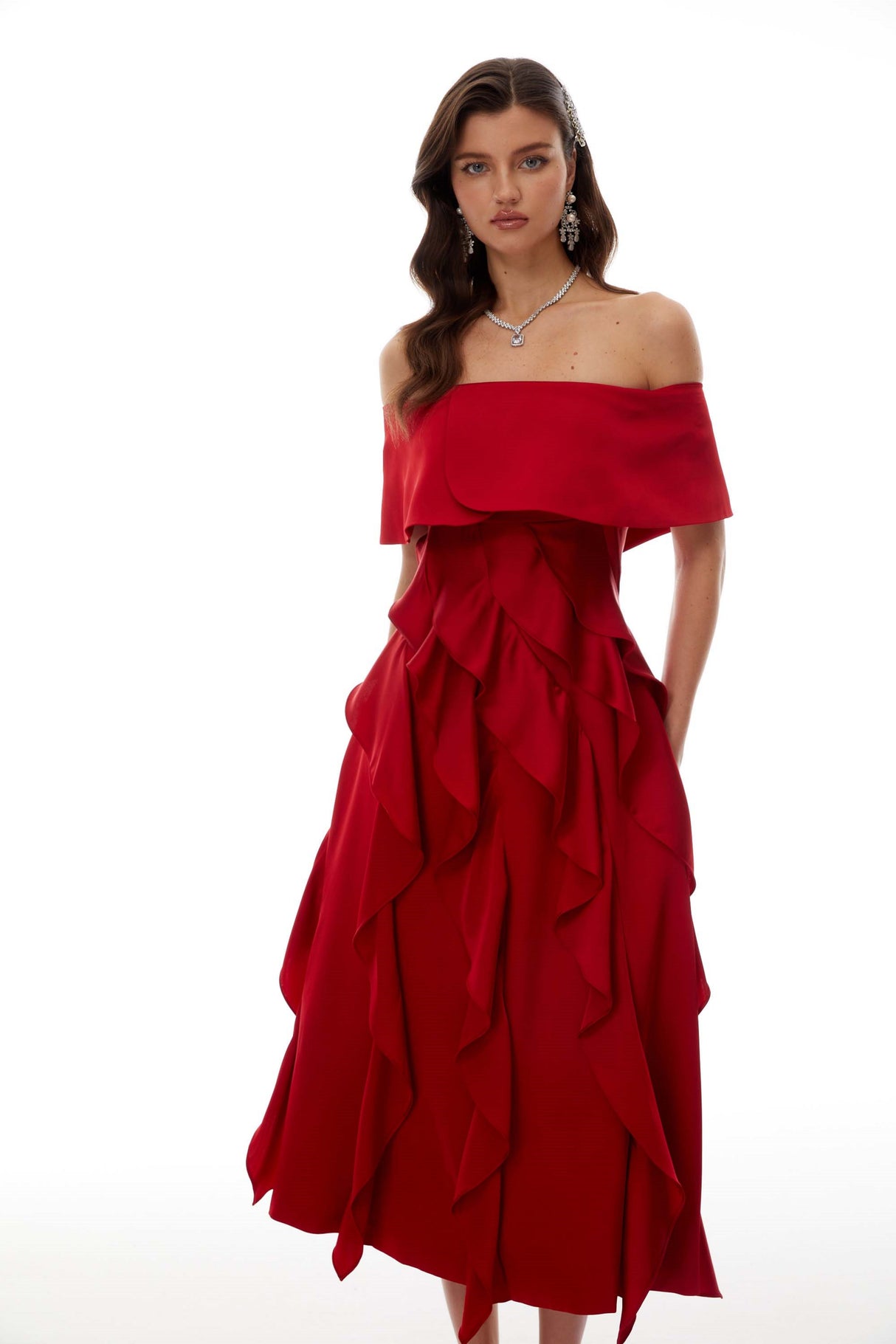 Aurohaya Tarjei Red Off-Shoulder Ruffled Midi Dress