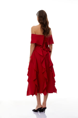 Aurohaya Tarjei Red Off-Shoulder Ruffled Midi Dress