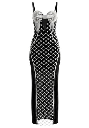 Tassel Bustier Sequin Maxi Dress Black Silver