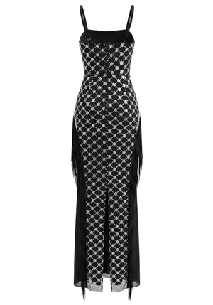 Tassel Bustier Sequin Maxi Dress Black Silver