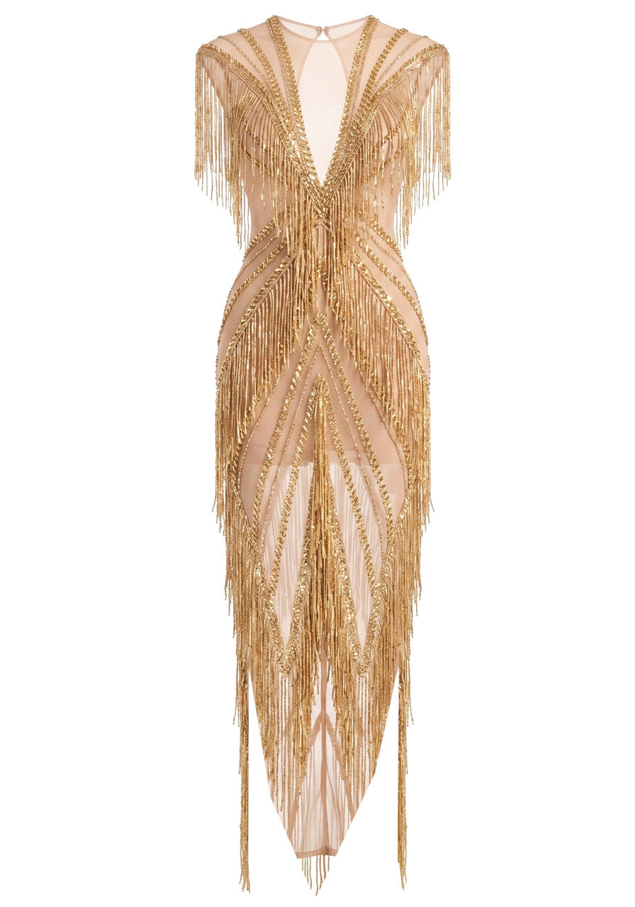 Crystal Tassel Mesh Maxi Dress Gold