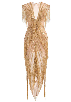 Crystal Tassel Mesh Maxi Dress Gold