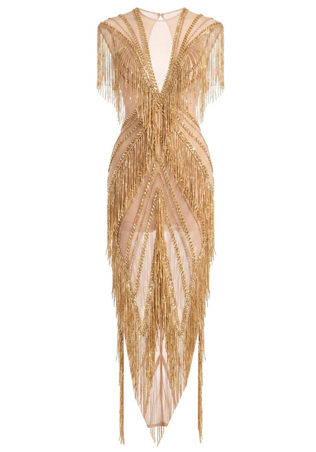 Crystal Tassel Mesh Maxi Dress Gold