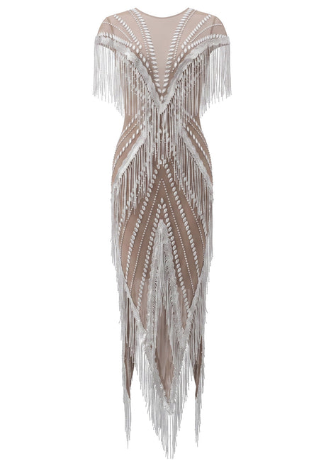 Crystal Tassel Mesh Maxi Dress Silver