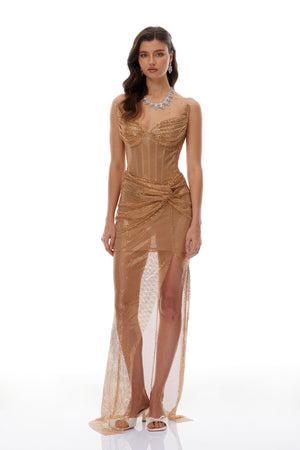 Aurohaya Tatjana Gold Twisted Knot Mesh Midi Dress