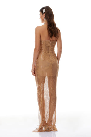 Aurohaya Tatjana Gold Twisted Knot Mesh Midi Dress