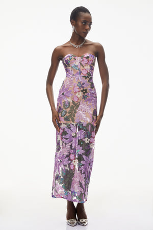 Aurohaya Teresa Purple Off Shoulder Floral Embroidered Maxi Dress