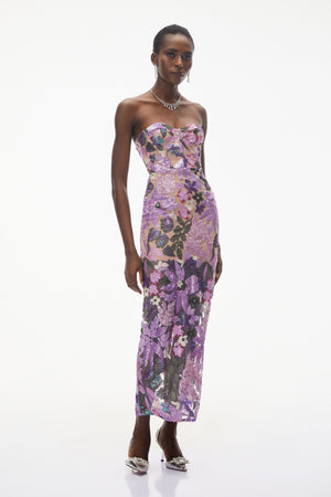 Aurohaya Teresa Purple Off Shoulder Floral Embroidered Maxi Dress