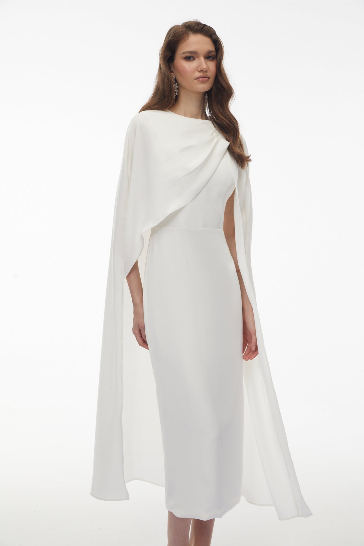 Aurohaya Tetyana White Cape Asymmetrical Midi Dress