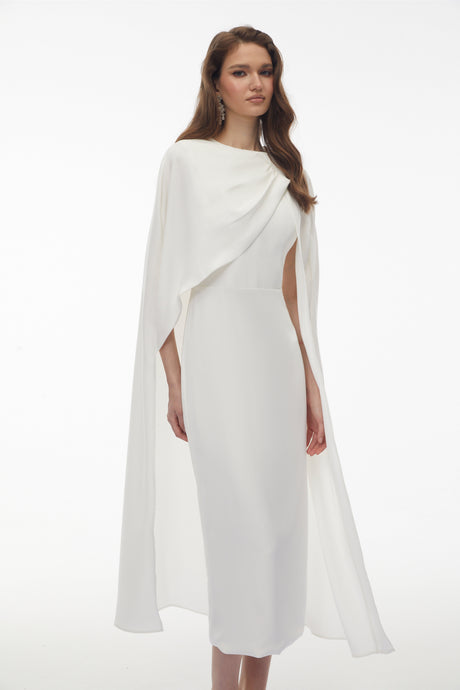 Aurohaya Tetyana White Cape Asymmetrical Midi Dress