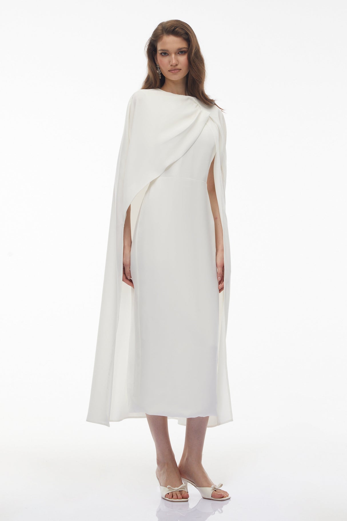 Aurohaya Tetyana White Cape Asymmetrical Midi Dress