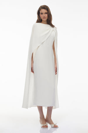 Aurohaya Tetyana White Cape Asymmetrical Midi Dress