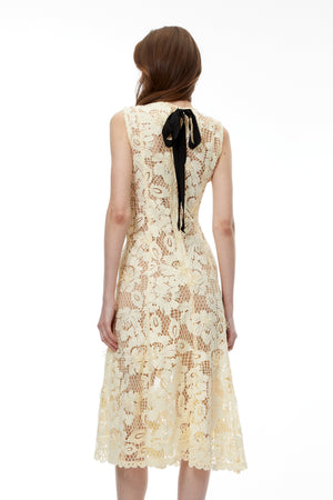 Aurohaya Thalassa Yellow Floral Lace Sleeveless Midi Dress