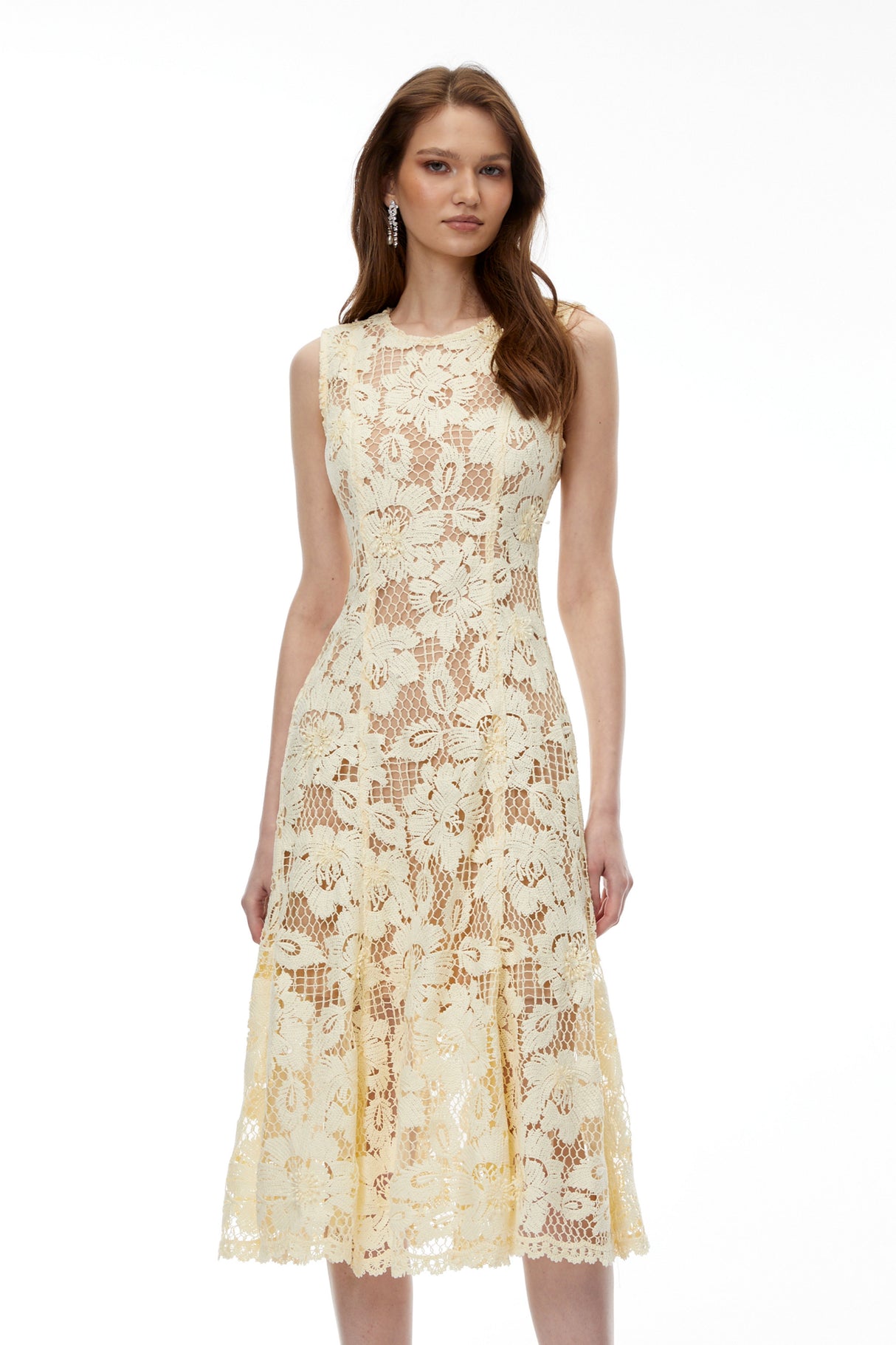 Aurohaya Thalassa Yellow Floral Lace Sleeveless Midi Dress