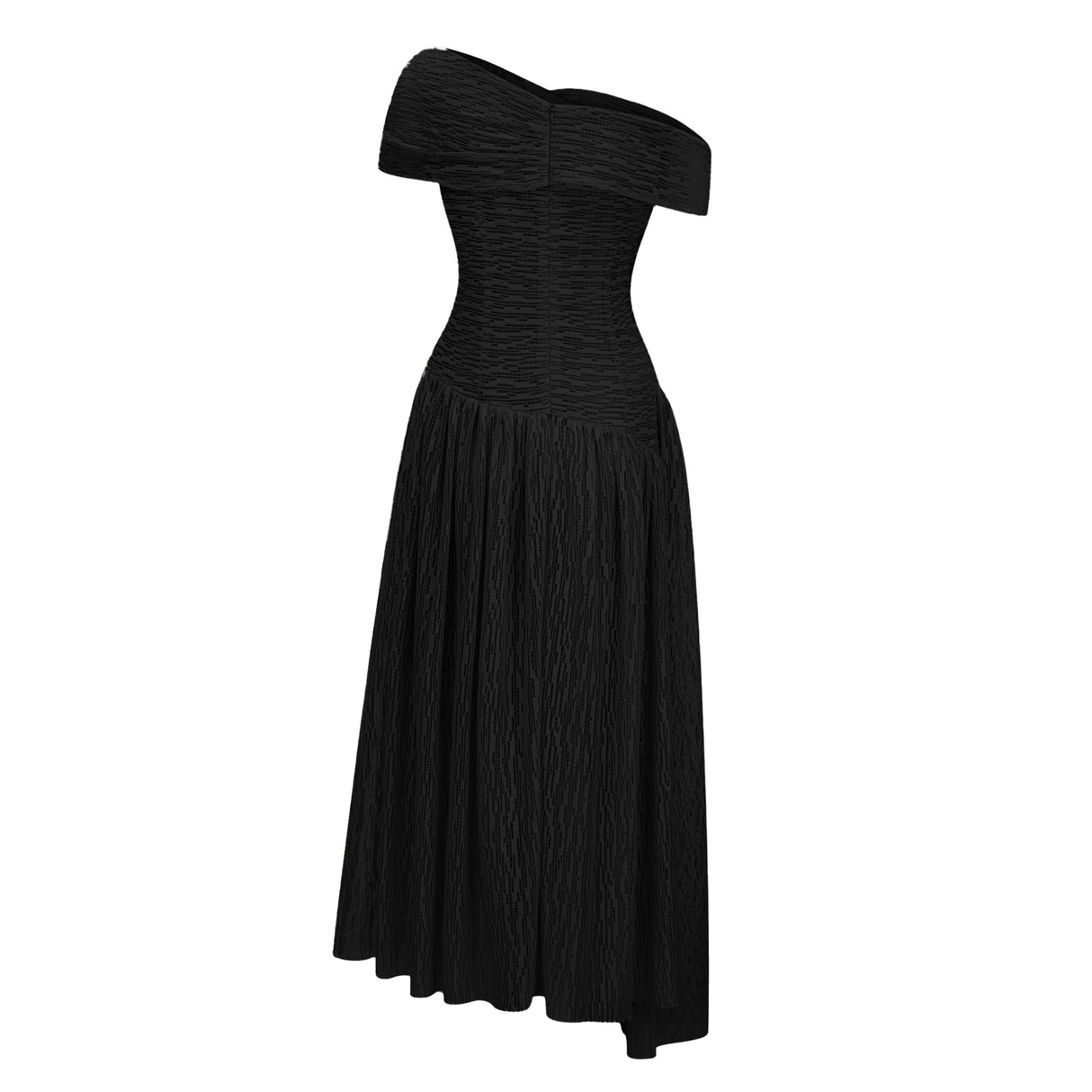 Aurohaya Thale Black Asymmetrical Textured Ruched Midi Dress