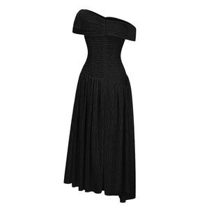 Aurohaya Thale Black Asymmetrical Textured Ruched Midi Dress