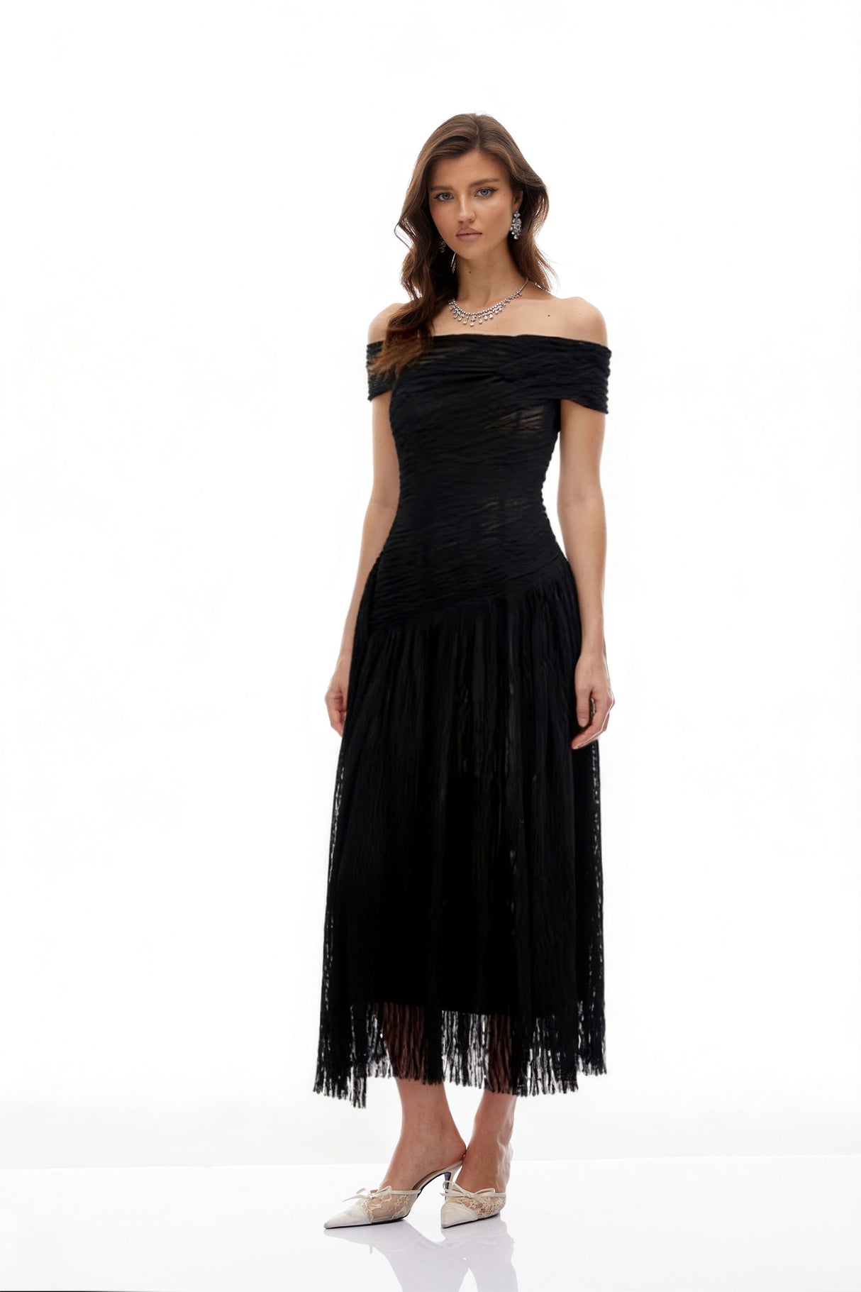 Aurohaya Thale Black Asymmetrical Textured Ruched Midi Dress