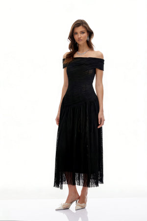 Aurohaya Thale Black Asymmetrical Textured Ruched Midi Dress