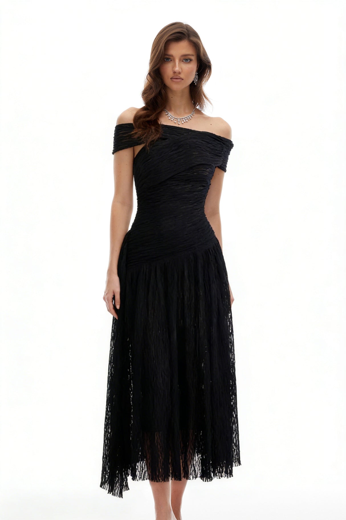 Aurohaya Thale Black Asymmetrical Textured Ruched Midi Dress
