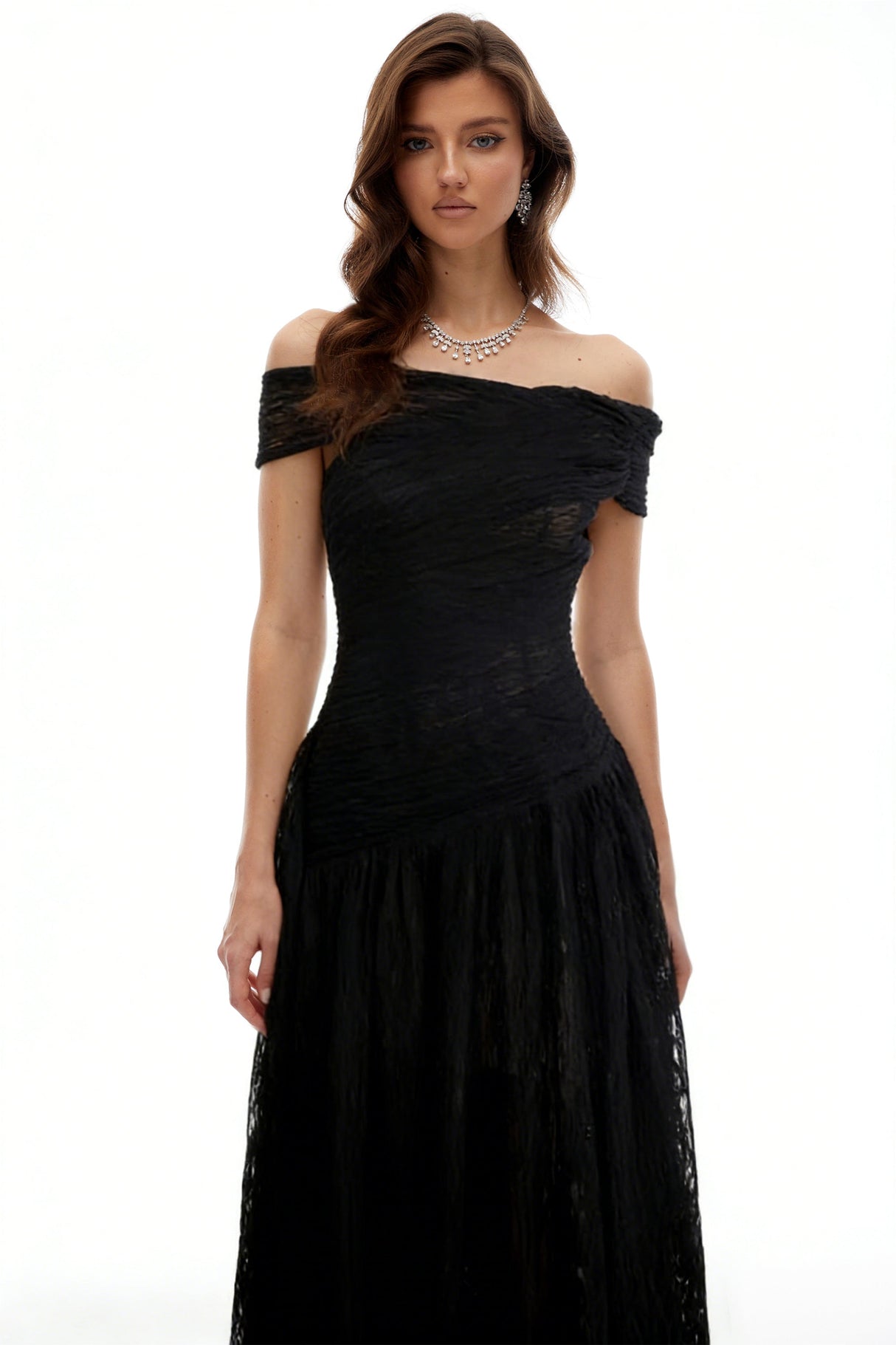 Aurohaya Thale Black Asymmetrical Textured Ruched Midi Dress