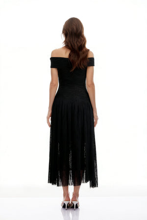 Aurohaya Thale Black Asymmetrical Textured Ruched Midi Dress