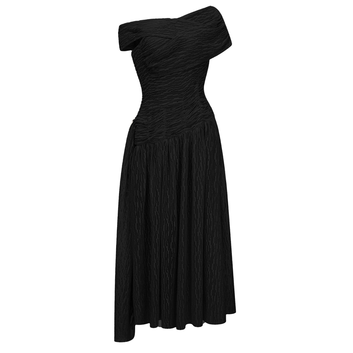 Aurohaya Thale Black Asymmetrical Textured Ruched Midi Dress