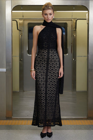Aurohaya Thale Black Scarf Design Knit Maxi Dress