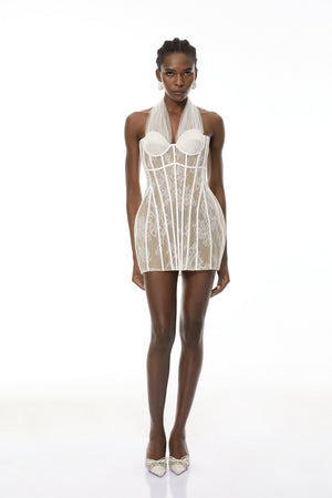 Aurohaya Thembeka White Halterneck Lace Mini Dress